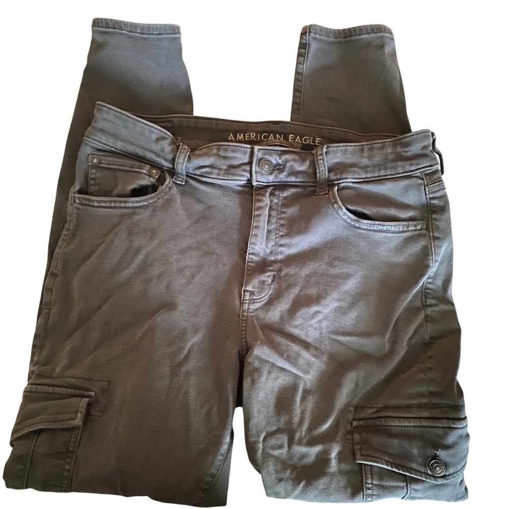 American Eagle High Rise Jegging Cargo Pants Green Ankle Zip Size 12 Skinny